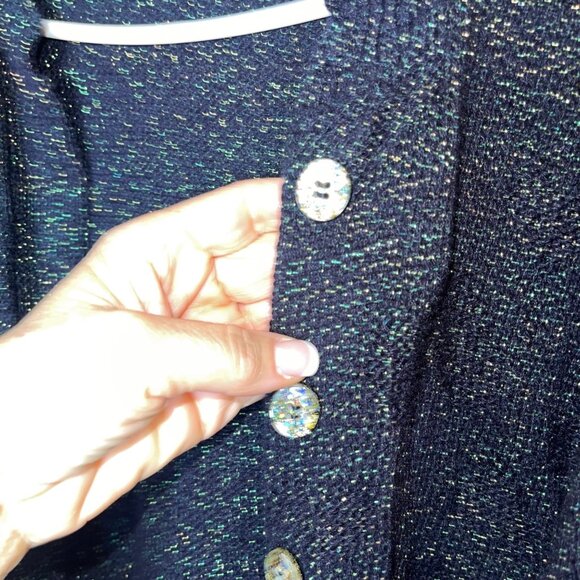 Vintage Womens Duster Sweater Size XL Deep Navy Green Metallic Handmade Casual - Picture 2 of 16